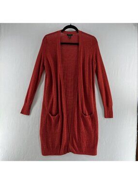 Halogen Long Cardigan Sweater Womens Size XS Linen Blend Open Front Red/Orange